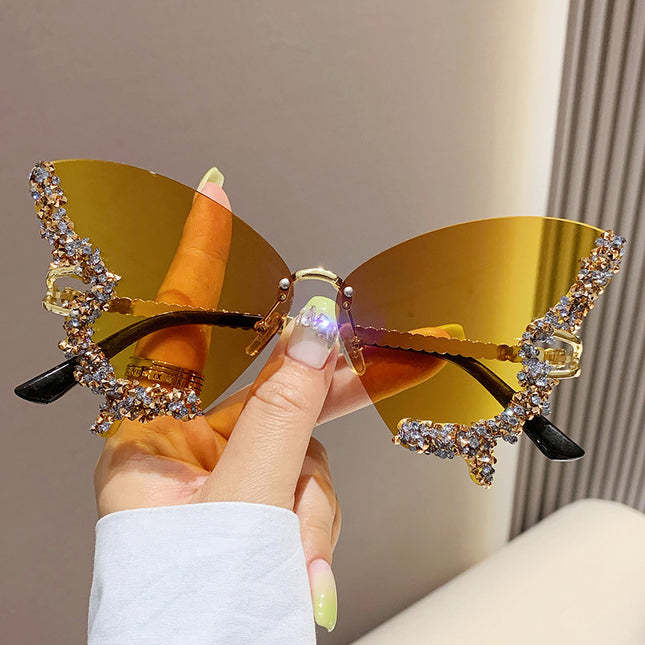 Diamond Butterfly Sunglasses – Y2K Rimless Oversized Shades