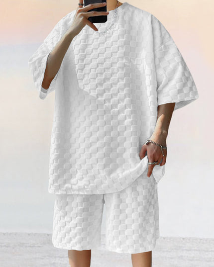 Men's Jacquard Plaid Casual Shorts Suit – Loose Fit 2-Piece Set | 4 Colors | S–XXXL