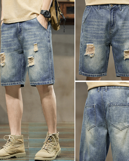 Men's Stretch Denim Five-Point Shorts – Cotton Blend, 6 Blue Shades, W28–38