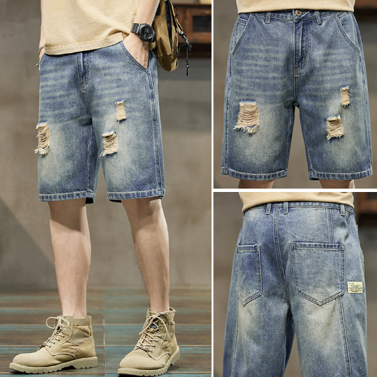 Men's Stretch Denim Five-Point Shorts – Cotton Blend, 6 Blue Shades, W28–38