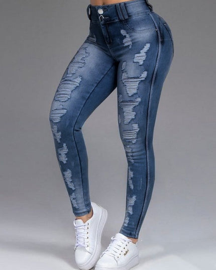Women's Ripped Stretch Straight-Leg Jeans – Mid-Waist, 4 Colors, S–6XL