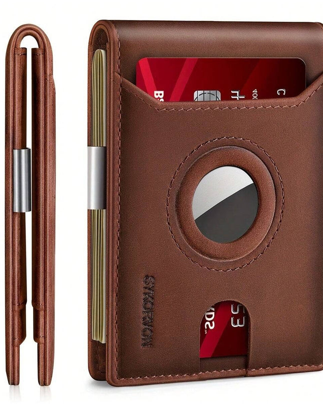 Men's Genuine Leather Slim Bifold Wallet with AirTag Holder & RFID Blocking