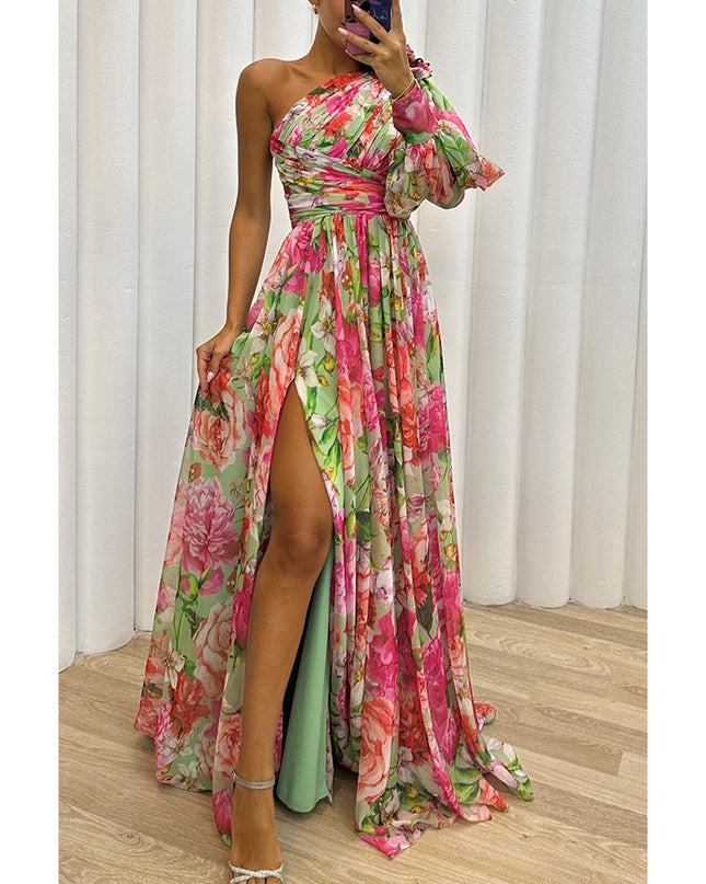 One-Shoulder Floral Print Maxi Dress – Long Sleeve Swing Gown