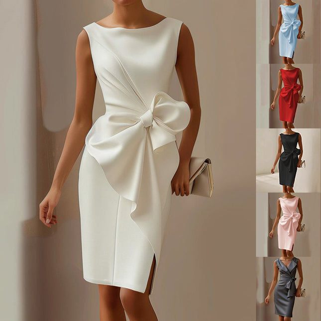 Bow Detail Sleeveless Midi Dress – High Waist Slim Fit