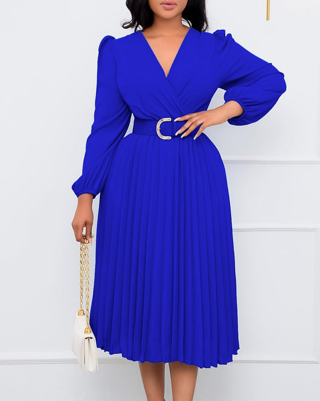 Long Sleeve V-Neck Pleated Midi Dress with Belt | High Waist Elegant Dress