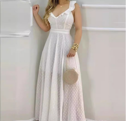 Women's Sleeveless V-Neck Swing Maxi Dress – White & Pink, S–XL