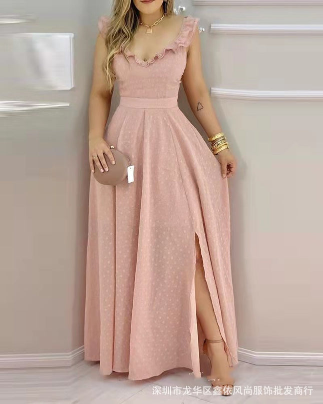 Women's Sleeveless V-Neck Swing Maxi Dress – White & Pink, S–XL