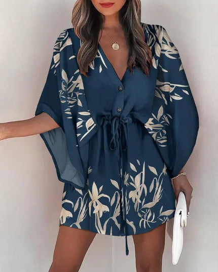 Women's Silk A-Line Printed Dress – V-Neck, Flying Sleeves, S–XXXL