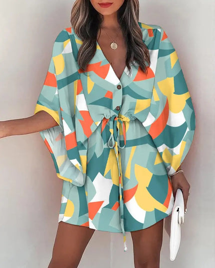 Women's Silk A-Line Printed Dress – V-Neck, Flying Sleeves, S–XXXL