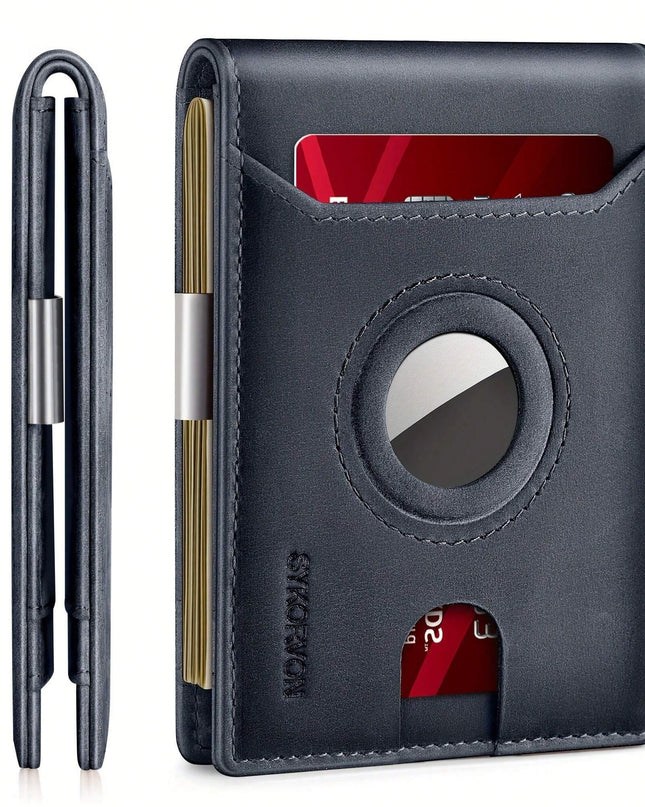 Men's Genuine Leather Slim Bifold Wallet with AirTag Holder & RFID Blocking