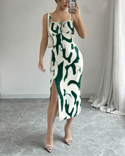 Printed Lace-Up Split Midi Dress