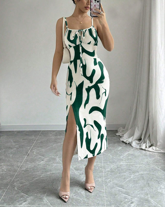Printed Lace-Up Split Midi Dress