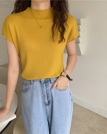 Women's Ice Silk Knit Top – Half-High Collar, Slim Fit, 9 Colors