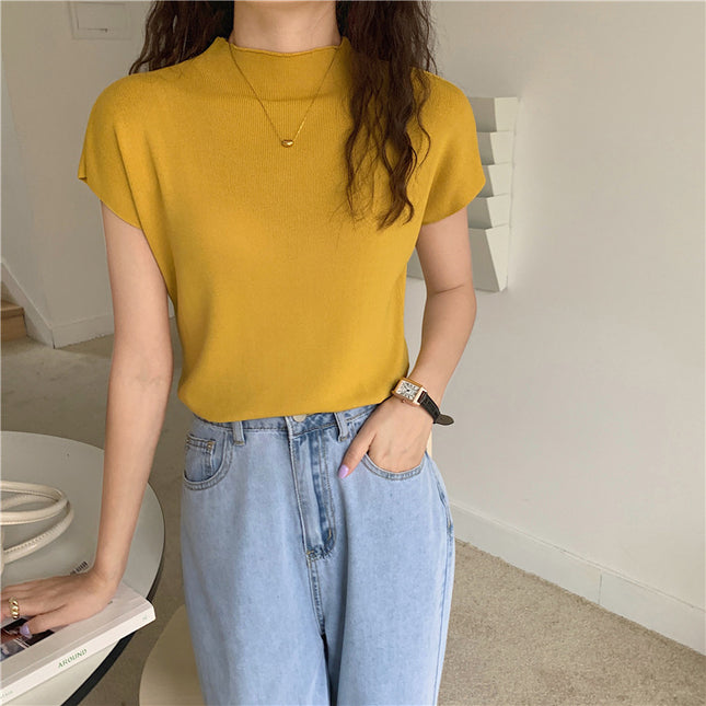 Women's Ice Silk Knit Top – Half-High Collar, Slim Fit, 9 Colors