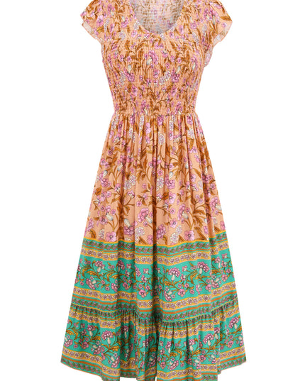 Floral Print V-Neck Ruffle Dress – Sleeveless Boho Beach Dress