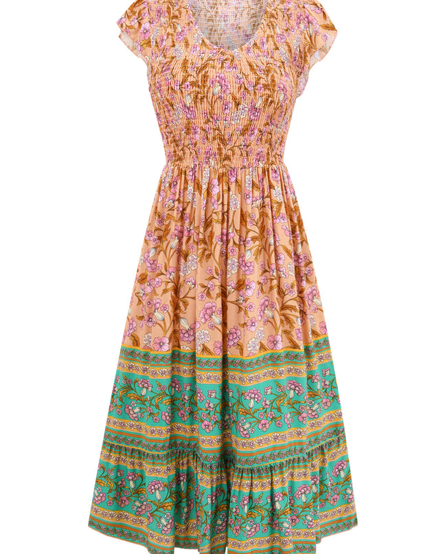 Floral Print V-Neck Ruffle Dress – Sleeveless Boho Beach Dress