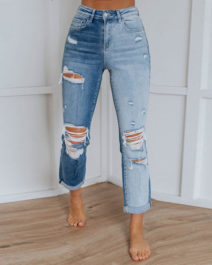 Women's Gradient-Dye Ripped Straight Leg Jeans