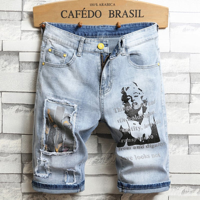 Men's Stretch Denim Five-Point Shorts – Embroidered & Printed, 4 Styles, Sizes 28–38