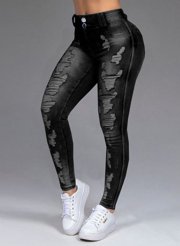 Women's Ripped Stretch Straight-Leg Jeans – Mid-Waist, 4 Colors, S–6XL