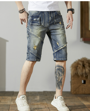 Men's Loose Straight-Cut Patch Denim Shorts – Cotton, Blue, Sizes 28–38