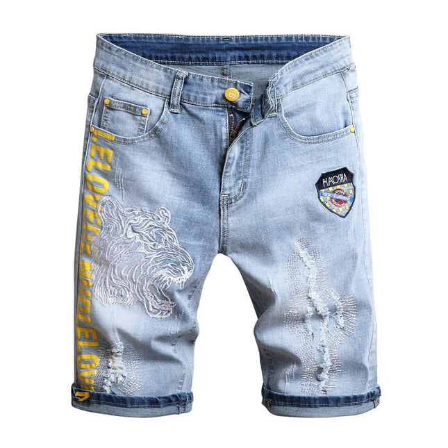 Men's Stretch Denim Five-Point Shorts – Embroidered & Printed, 4 Styles, Sizes 28–38