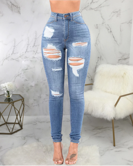 Women's High Waist Ripped Skinny Jeans – 100% Cotton, Light Blue, S–2XL