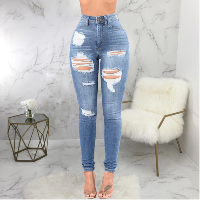 Women's High Waist Ripped Skinny Jeans – 100% Cotton, Light Blue, S–2XL