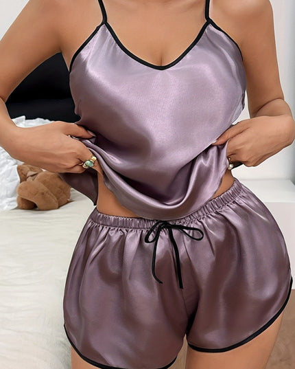 Solid-color Silk-look Cami Sleepwear Set For Women
