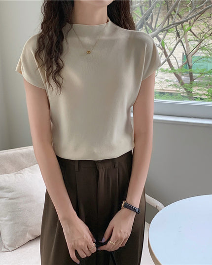 Women's Ice Silk Knit Top – Half-High Collar, Slim Fit, 9 Colors