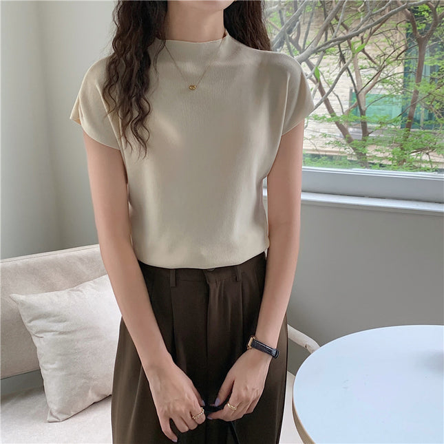 Women's Ice Silk Knit Top – Half-High Collar, Slim Fit, 9 Colors
