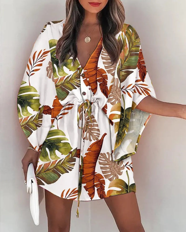 Women's Silk A-Line Printed Dress – V-Neck, Flying Sleeves, S–XXXL