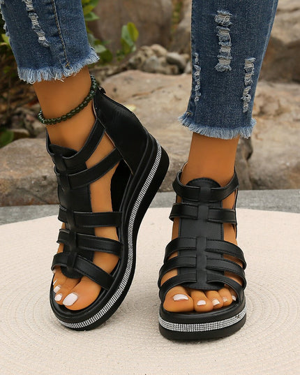 Women's Wedge Rhinestone Platform Sandals – Peep Toe, Back Zipper, 3 Colors, US 6–9