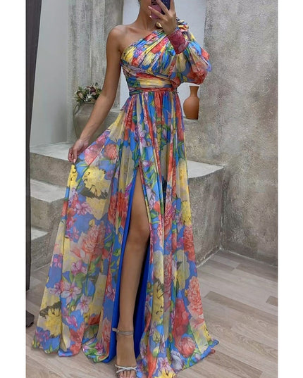 One-Shoulder Floral Print Maxi Dress – Long Sleeve Swing Gown