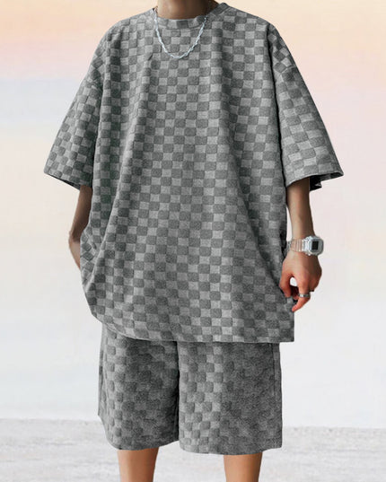 Men's Jacquard Plaid Casual Shorts Suit – Loose Fit 2-Piece Set | 4 Colors | S–XXXL
