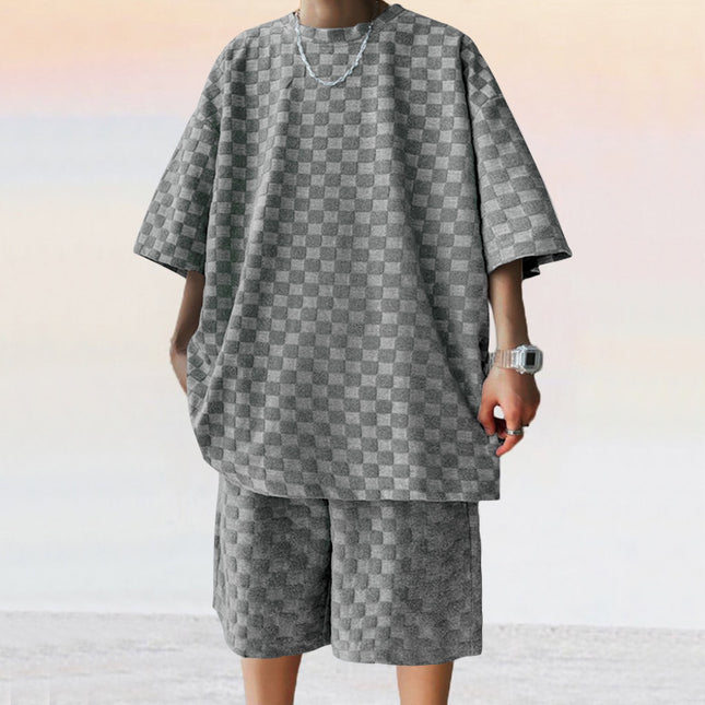 Men's Jacquard Plaid Casual Shorts Suit – Loose Fit 2-Piece Set | 4 Colors | S–XXXL