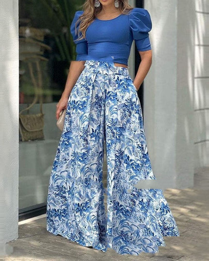 Women's Wide-Leg Pants & Coat Two-Piece Fashion Set – Blue, S–5XL