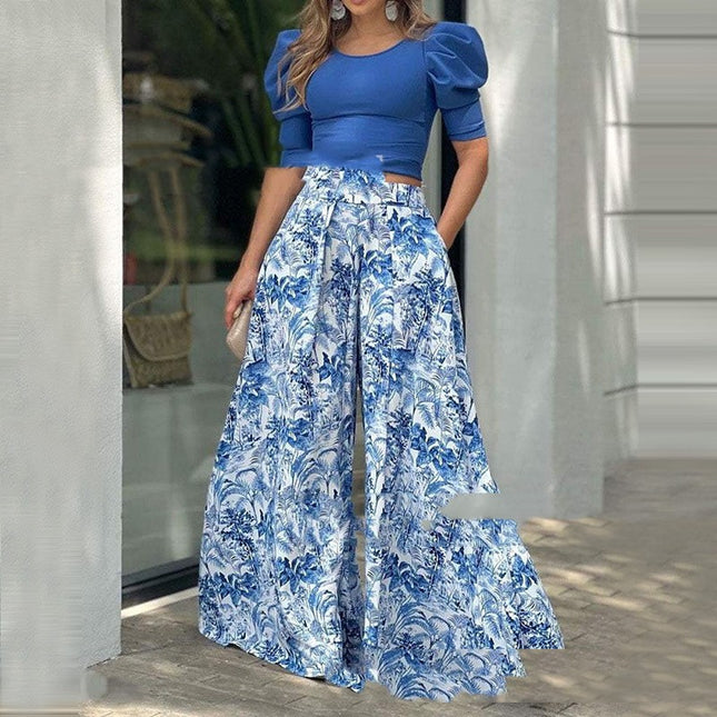 Women's Wide-Leg Pants & Coat Two-Piece Fashion Set – Blue, S–5XL