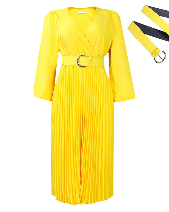 Long Sleeve V-Neck Pleated Midi Dress with Belt | High Waist Elegant Dress
