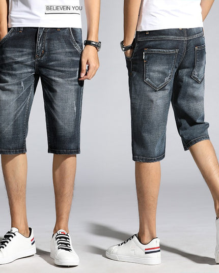 Men's Slim-Fit Denim Five-Point Shorts – Elastic Waist, Black, Sizes 28–38