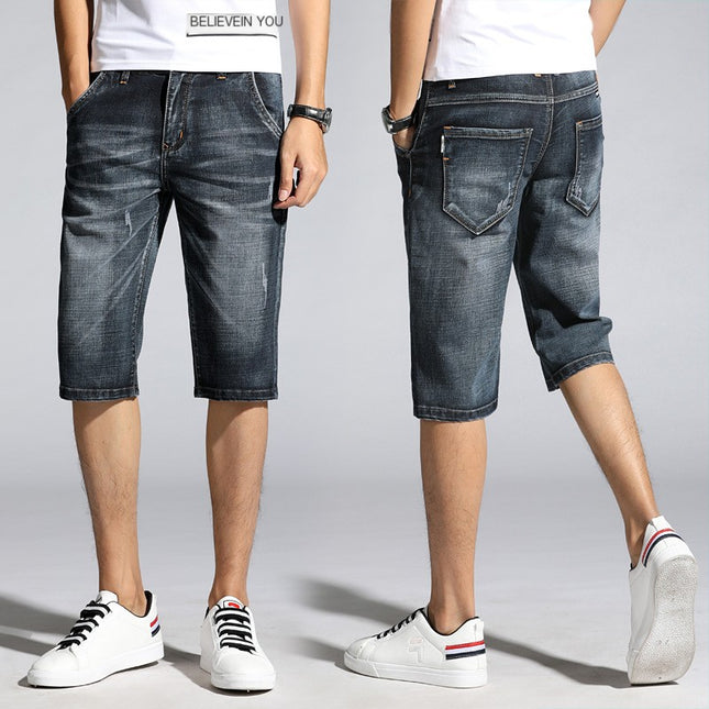 Men's Slim-Fit Denim Five-Point Shorts – Elastic Waist, Black, Sizes 28–38