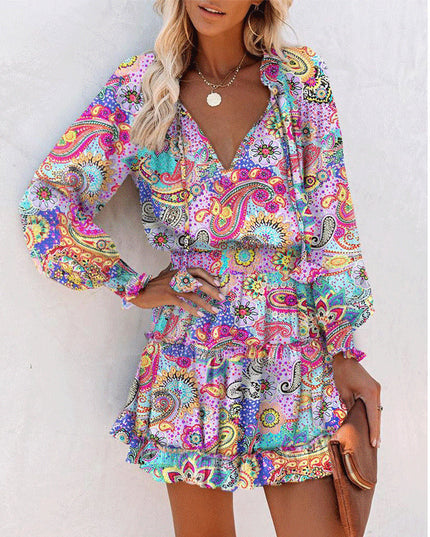 Women's Floral & Leopard Print Puff Sleeve Waist-Tie Dress