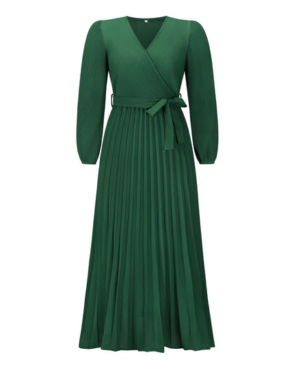 Women's V-Neck Long Sleeve Pleated A-Line Dress – Ice Silk, 5 Colors, S–XXL