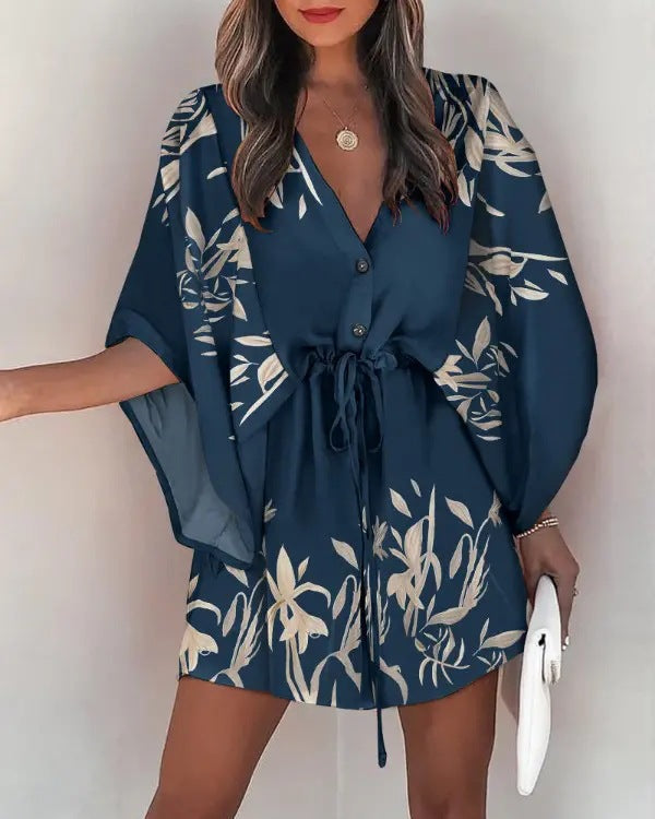 Women's Silk A-Line Printed Dress – V-Neck, Flying Sleeves, S–XXXL