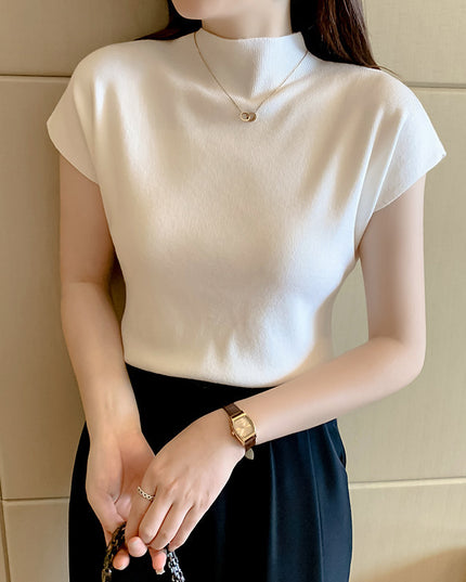 Women's Ice Silk Knit Top – Half-High Collar, Slim Fit, 9 Colors