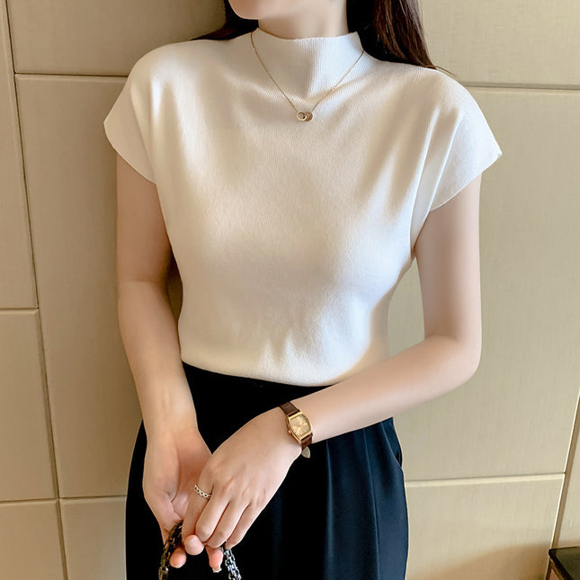 Women's Ice Silk Knit Top – Half-High Collar, Slim Fit, 9 Colors