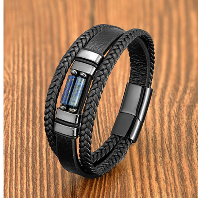 Stainless Steel Magnetic Buckle Tiger's Eye Leather Bracelet