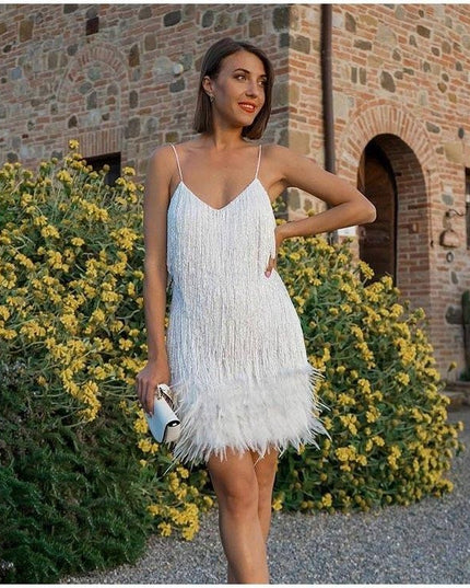 Sequin Feather Tassel Mini Dress | Spaghetti Strap V-Neck Party Dress for Women