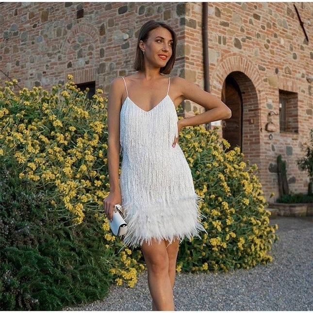 Sequin Feather Tassel Mini Dress | Spaghetti Strap V-Neck Party Dress for Women