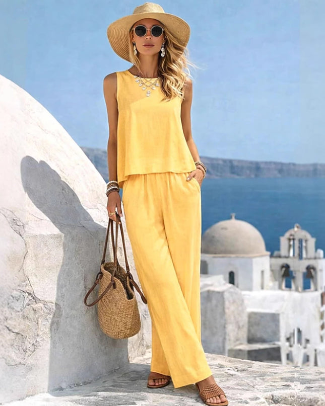 Women's Casual Cotton-Linen Tank Top & Wide-Leg Pants Set