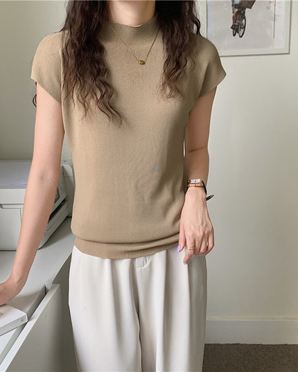Women's Ice Silk Knit Top – Half-High Collar, Slim Fit, 9 Colors